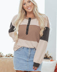 Colorblock Waffle Knit Patchwork Henley Top