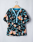 Floral Bubble Sleeve Buttoned Notch Neck Blouse