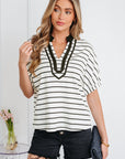 Stripe Stand Collar V-Neck Dolman Sleeve Top