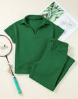 Textured Collared V-Neck Shirt & Drawstring Pants Set