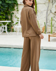 Solid V-Neck Top and High Waist Pants Set