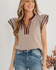 Stripe Double Ruffle Short Sleeve V-Neck Blouse
