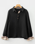 Black Contrast Leopard Print Patchwork Polo Collar Buttons Front Ruffled Long Sleeve Blouse