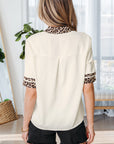 Leopard Patchwork Trim Split Neck Blouse
