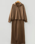 Solid V-Neck Top and High Waist Pants Set