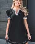 Leopard Trim Short Puff Sleeve Mini Dress