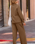 Solid V-Neck Top and High Waist Pants Set