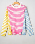 Esther Striped Patchwork Dolman Sleeve Slit Sweater