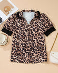Leopard Lace Trim Short Sleeve Buttoned Shirt