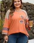 Plus Size Plaid Flower Patchwork 3/4 Sleeve Top