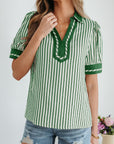 Stripe Collared V-Neck Bubble Sleeve Blouse