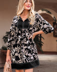 Floral Patchwork Split Neck 3/4 Sleeve Mini Dress