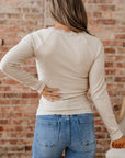 Solid Ribbed Lace Neckline Long Sleeve Top