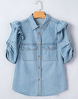 Solid Denim Ruffle Puff Sleeve Buttoned Shirt