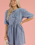 Denim Bow Bubble Sleeve Mini Dress