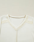Lace Trim Ruched Long Sleeve V-Neck Thermal Top