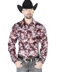Wine And Beige Flower Print Casual Long Sleeve Shirt