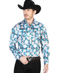 Aqua Flowers Casual Long Sleeve Shirt