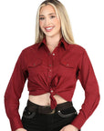 Women's Long Sleeve Western Shirt With Burgundy Stretch Fabric For Everyday Wear