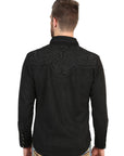 El General Men's Long Sleeve Western Shirt — Black/Black Embroidery