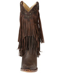 Fringed Western Boots For Women Chocolate Distressed Calfskin Leather With Cuban Heel