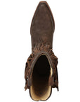 Fringed Western Boots For Women Chocolate Distressed Calfskin Leather With Cuban Heel