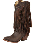 Fringed Western Boots For Women Chocolate Distressed Calfskin Leather With Cuban Heel