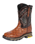 El General Men's Leather Work Boots - Made In Mexico - Embossed Monster Fish Print - Cognac 45808