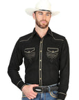 El General Men's Long Sleeve Western Shirt — Suede in Black