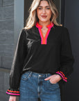 Stripe Trim Ruffle Split Neck Long Sleeve Blouse