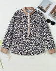 Plus Size Leopard Contrast Trim Half Button Top
