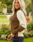Colorblock Raglan Puff Sleeve Mock Neck Sweater
