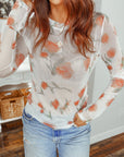 Floral Mesh Round Neck Long Sleeve Top