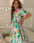 Floral Puff Sleeve Buttoned Collar Babydoll Dress