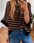 Stripe Draped 3/4 Sleeve Slouchy Sweater