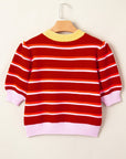Stripe Colorblock Trim 3/4 Sleeve Sweater Top
