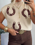 Western Corded Horseshoe Mock Neck Short Sleeve Sweater
