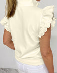 Solid Zip-Up Collared Ruffle Short Sleeve Blouse