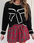 Bow Tie Contrast Trim Cropped Sweater