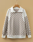 Checker Ribbed Patchwork Quarter Zip Sweatshirt