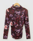 Floral Mesh Turtleneck Long Sleeve Ruched Top
