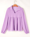 Corded V-Neck Bubble Sleeve Babydoll Blouse