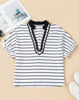 Stripe Stand Collar V-Neck Dolman Sleeve Top