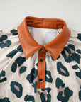 Leopard Buttoned Contrast Collar Short Sleeve Blouse