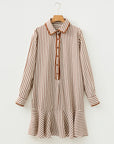 Stripe Embroidered Trim Ruffle Hem Collared Dress