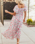 Floral Puff Sleeve Square Neck Tiered Dress