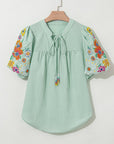 Reya Floral Embroidered Puff Sleeve Split Neck Blouse