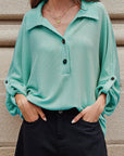 Corded Knit Roll-Up Sleeve Collared Henley Top