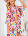 Pink Floral Print Lace Trimmed Tie Back Bell Sleeve Swing Mini Dress