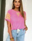Stripe Patchwork Waffle Knit Loose T-Shirt